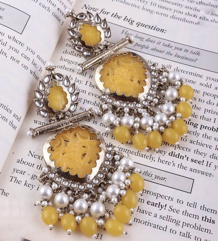 Tehzeeb Creations Latest Gold Polish Kundan & Pearl Studded Designer Drop Long Earrings For Women And Girls Yellow