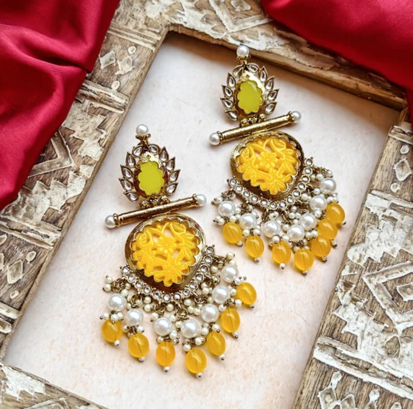 Tehzeeb Creations Latest Gold Polish Kundan & Pearl Studded Designer Drop Long Earrings For Women And Girls Yellow