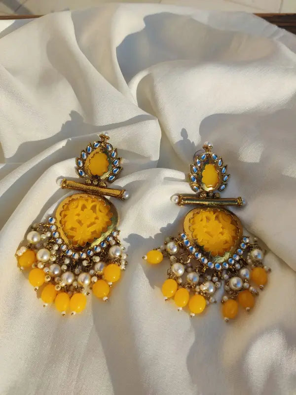 Tehzeeb Creations Latest Gold Polish Kundan & Pearl Studded Designer Drop Long Earrings For Women And Girls Yellow