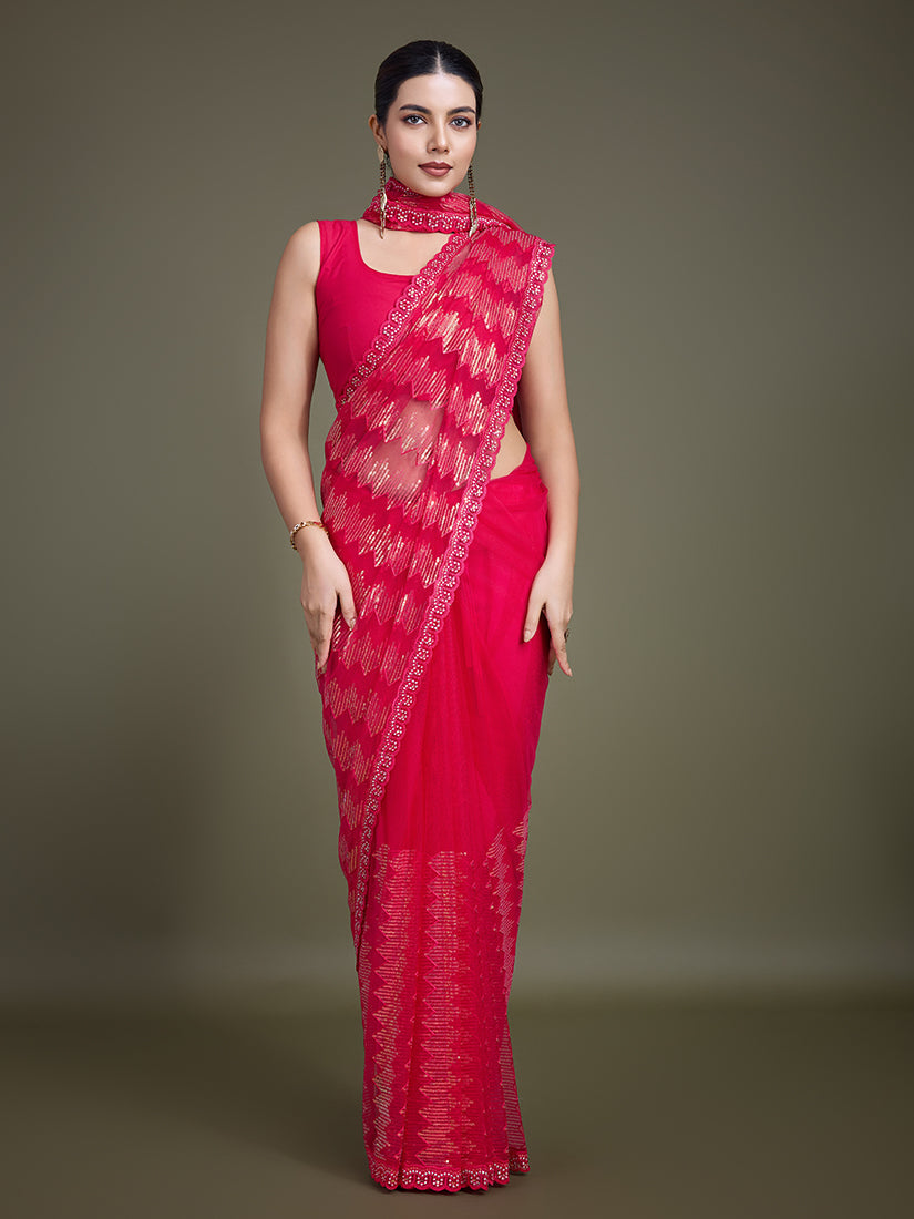 Monjolika Fashion Sequin Dark Pink Color Net Ultimate Party Wear Fashion Saree