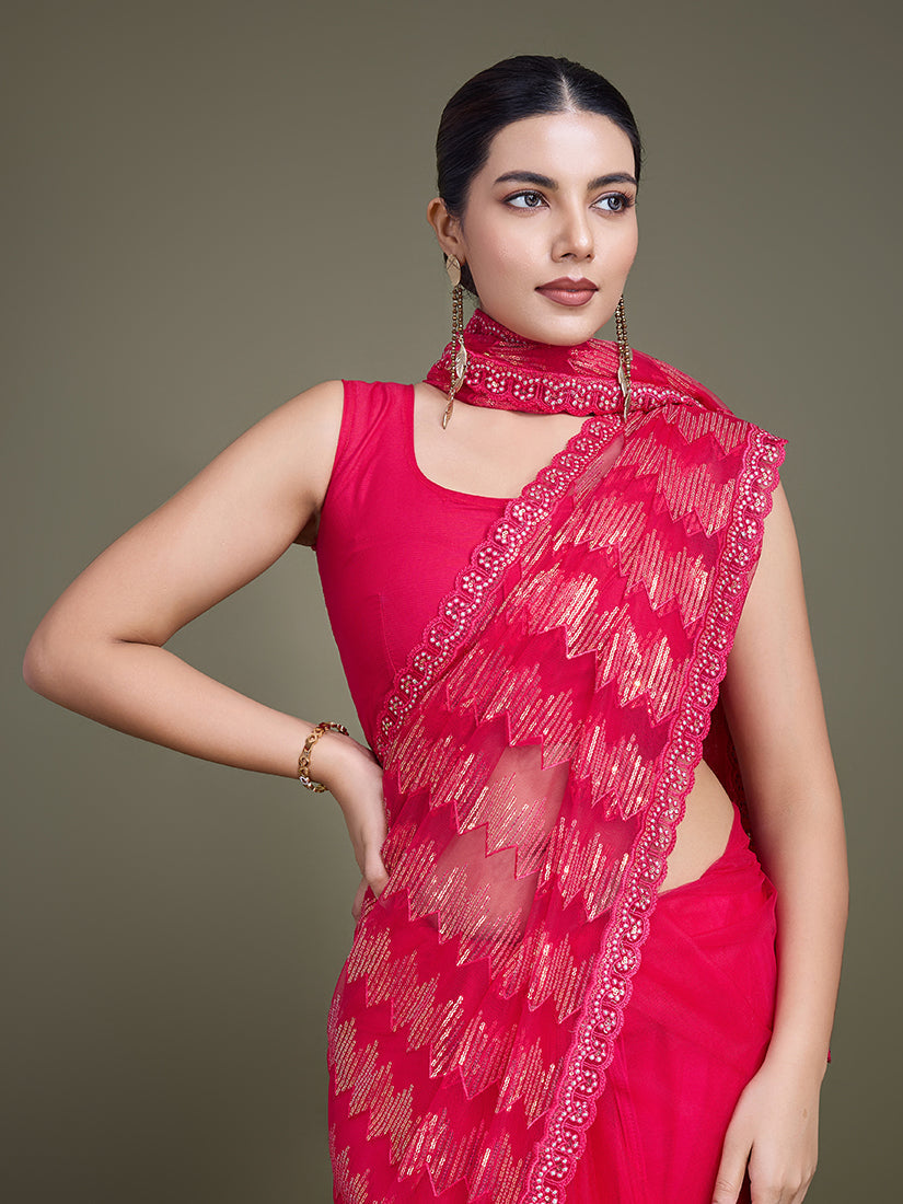 Monjolika Fashion Sequin Dark Pink Color Net Ultimate Party Wear Fashion Saree