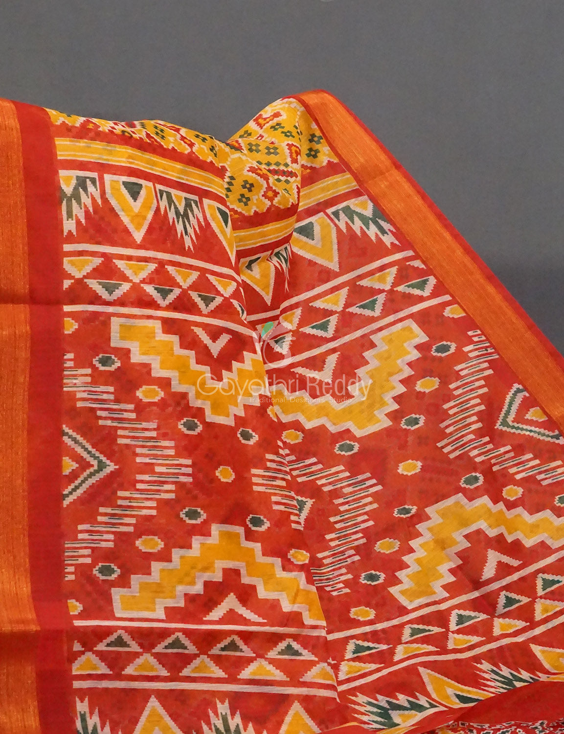 Yellow And Red Coloured Patola Print Semi Chanderi Saree By Gayathri Reddy Designer Studio