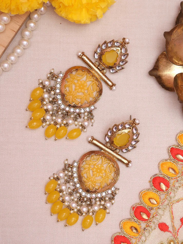 Tehzeeb Creations Latest Gold Polish Kundan & Pearl Studded Designer Drop Long Earrings For Women And Girls Yellow