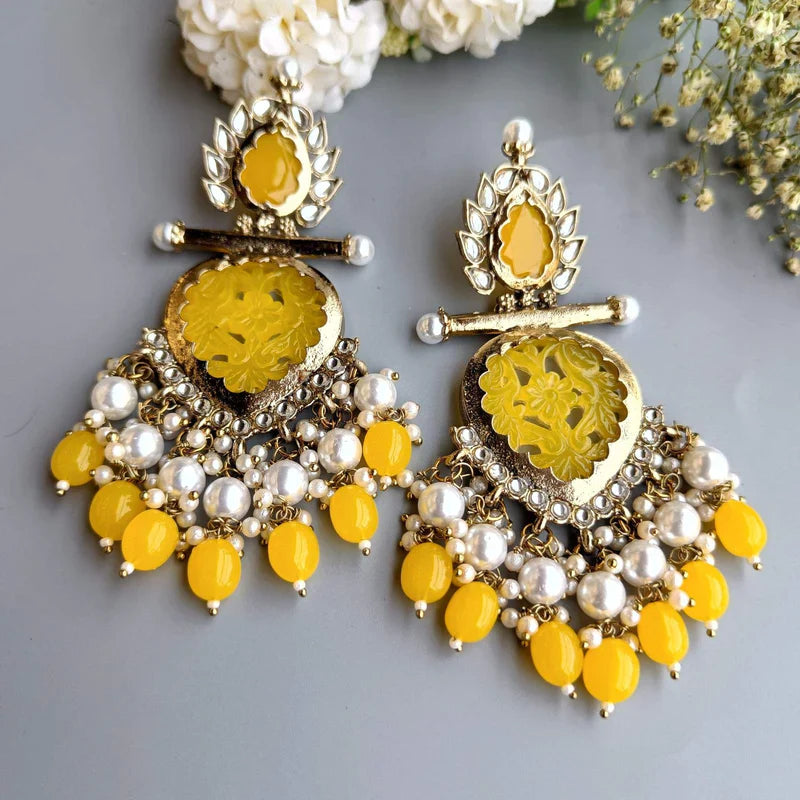 Tehzeeb Creations Latest Gold Polish Kundan & Pearl Studded Designer Drop Long Earrings For Women And Girls Yellow
