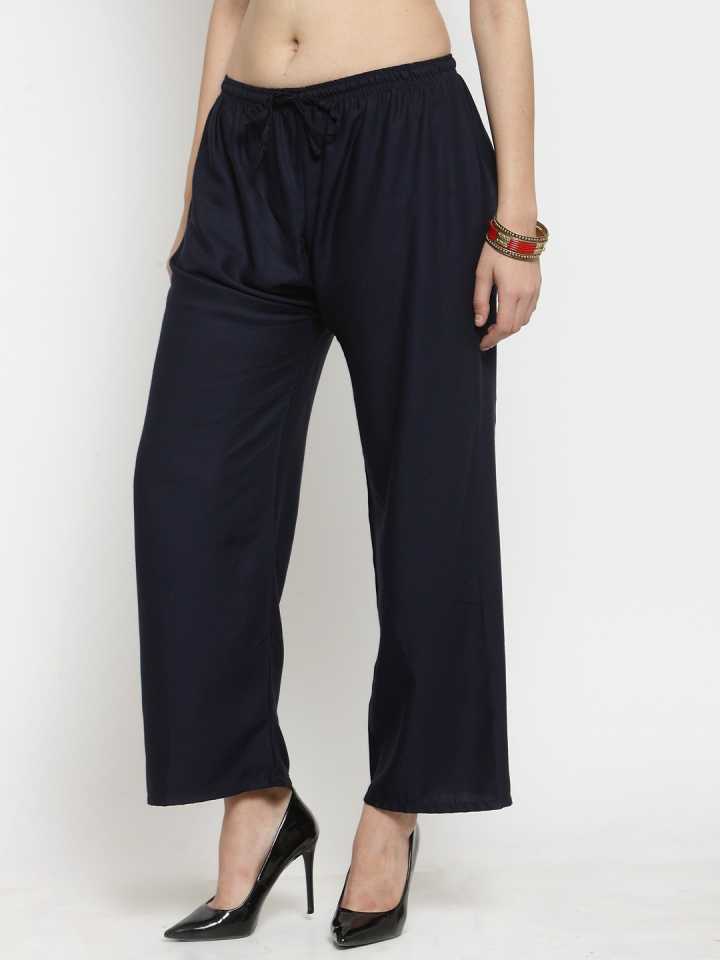 PAVONINE Navy Blue Color Straight Fit Rayon Fabric Palazzo For Women
