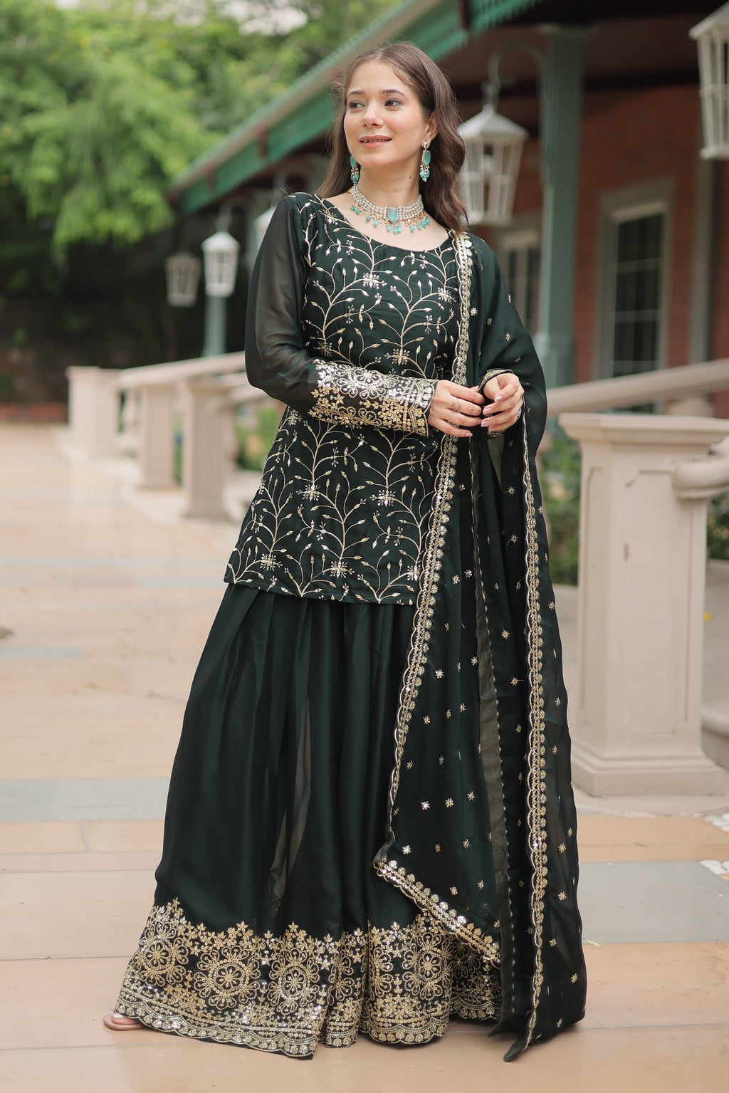 Vedant Vastram Heavy Embroidery & Sequins Work Rangoli Silk Kurti Plazo Set With Dupatta - Green