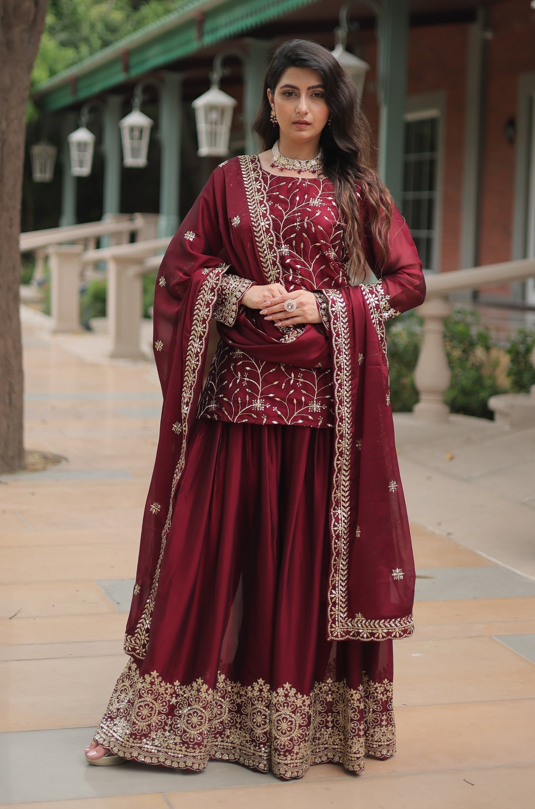 Vedant Vastram Heavy Embroidery & Sequins Work Rangoli Silk Kurti Plazo Set With Dupatta - Maroon