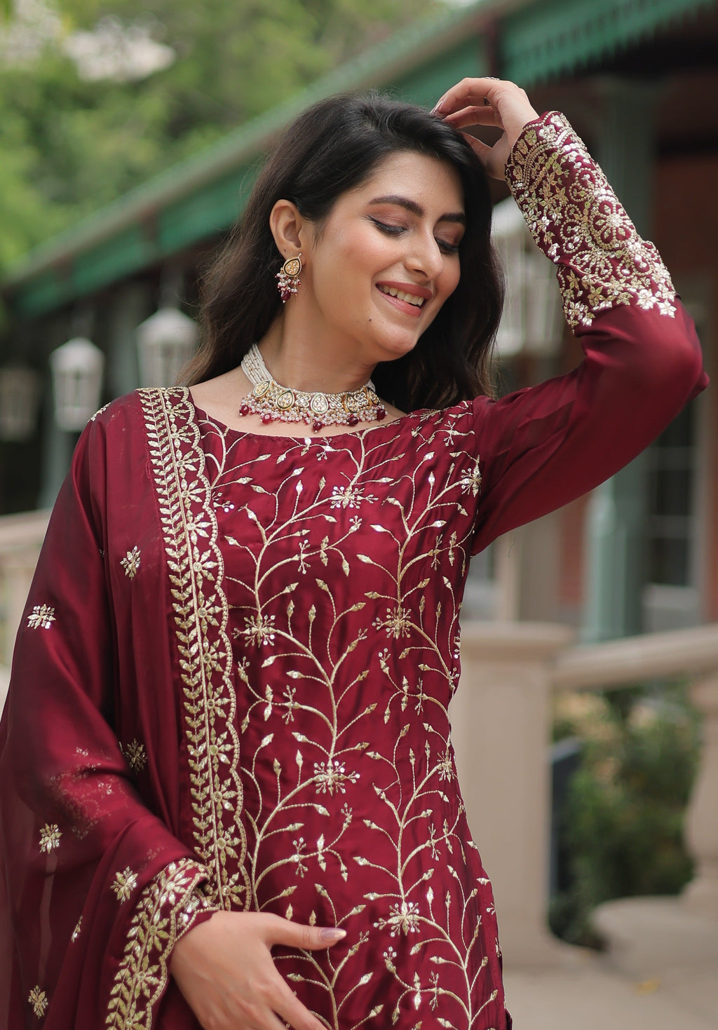 Vedant Vastram Heavy Embroidery & Sequins Work Rangoli Silk Kurti Plazo Set With Dupatta - Maroon