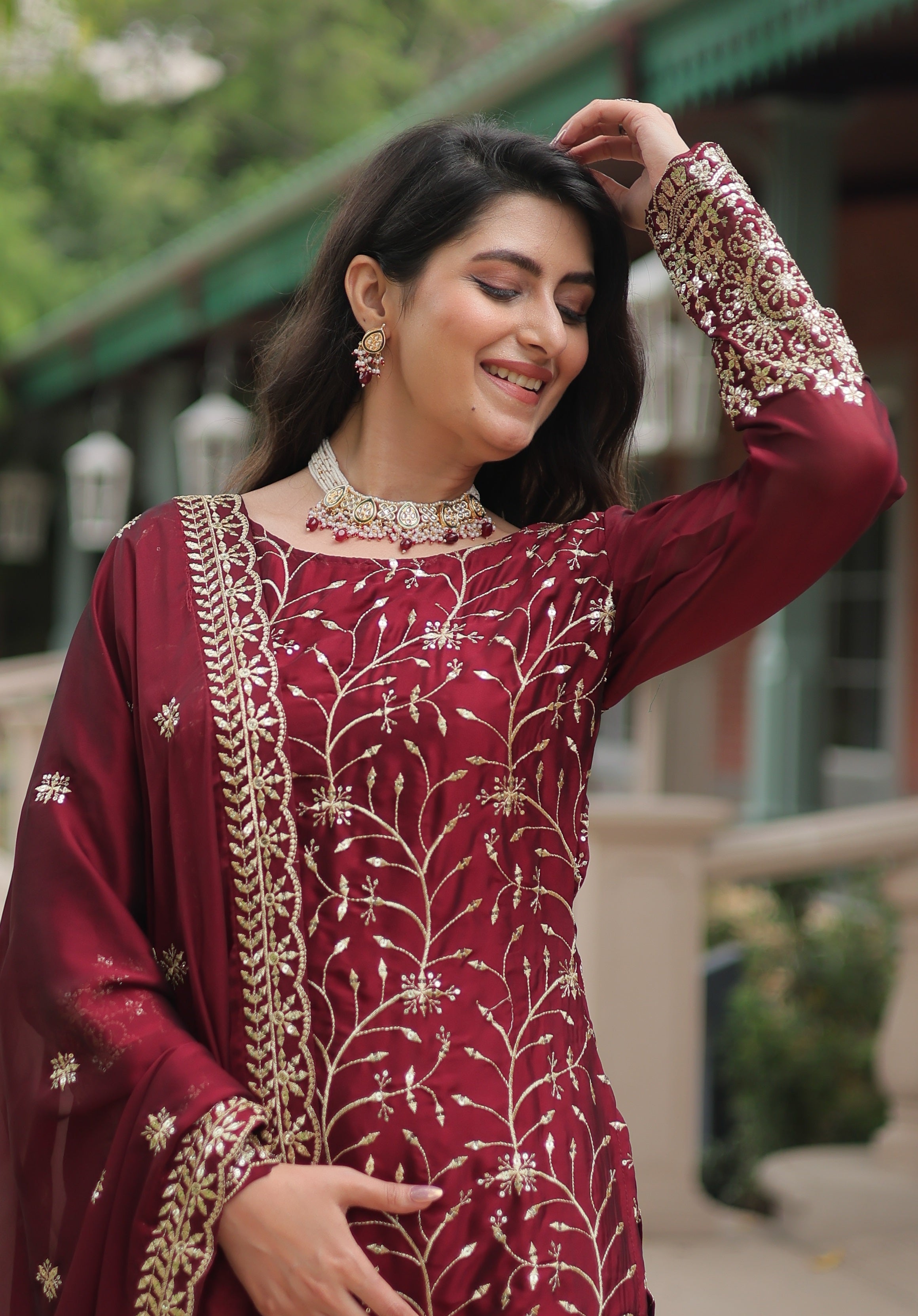 Vedant Vastram Heavy Embroidery & Sequins Work Rangoli Silk Kurti Plazo Set With Dupatta - Maroon
