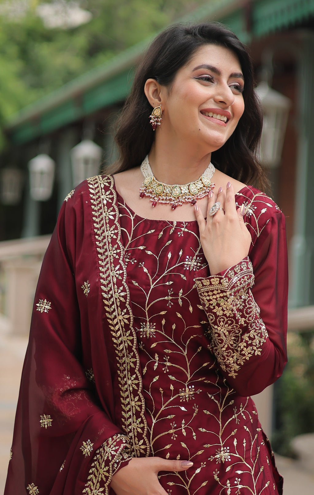Vedant Vastram Heavy Embroidery & Sequins Work Rangoli Silk Kurti Plazo Set With Dupatta - Maroon