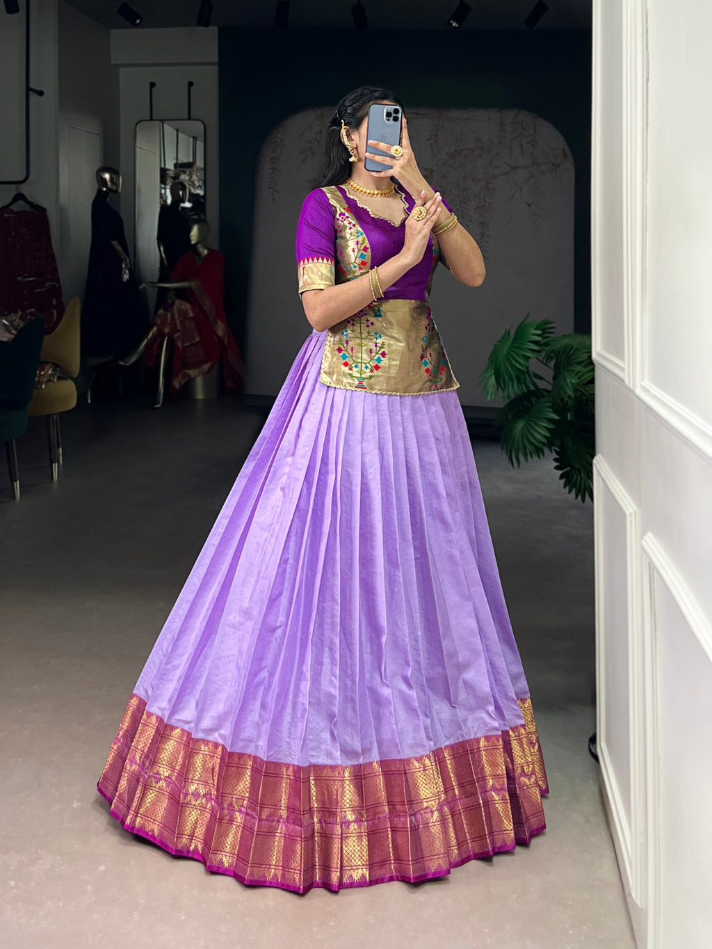 Lorenvalley Fashion Lavender Cotton Silk Zari Weaving Work Lehenga Choli
