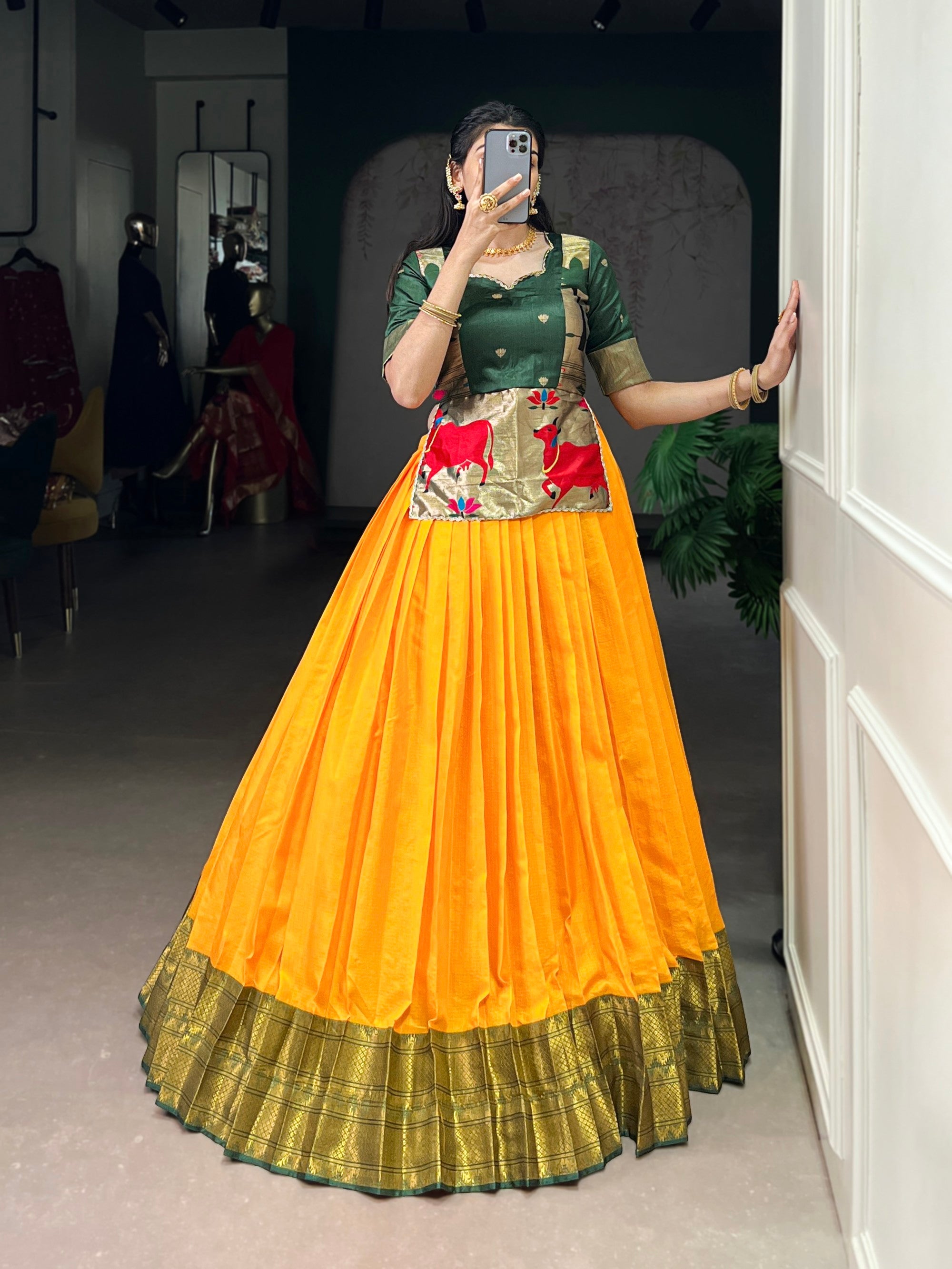 Lorenvalley Fashion Mustard Cotton Silk Zari Weaving Work Lehenga Choli