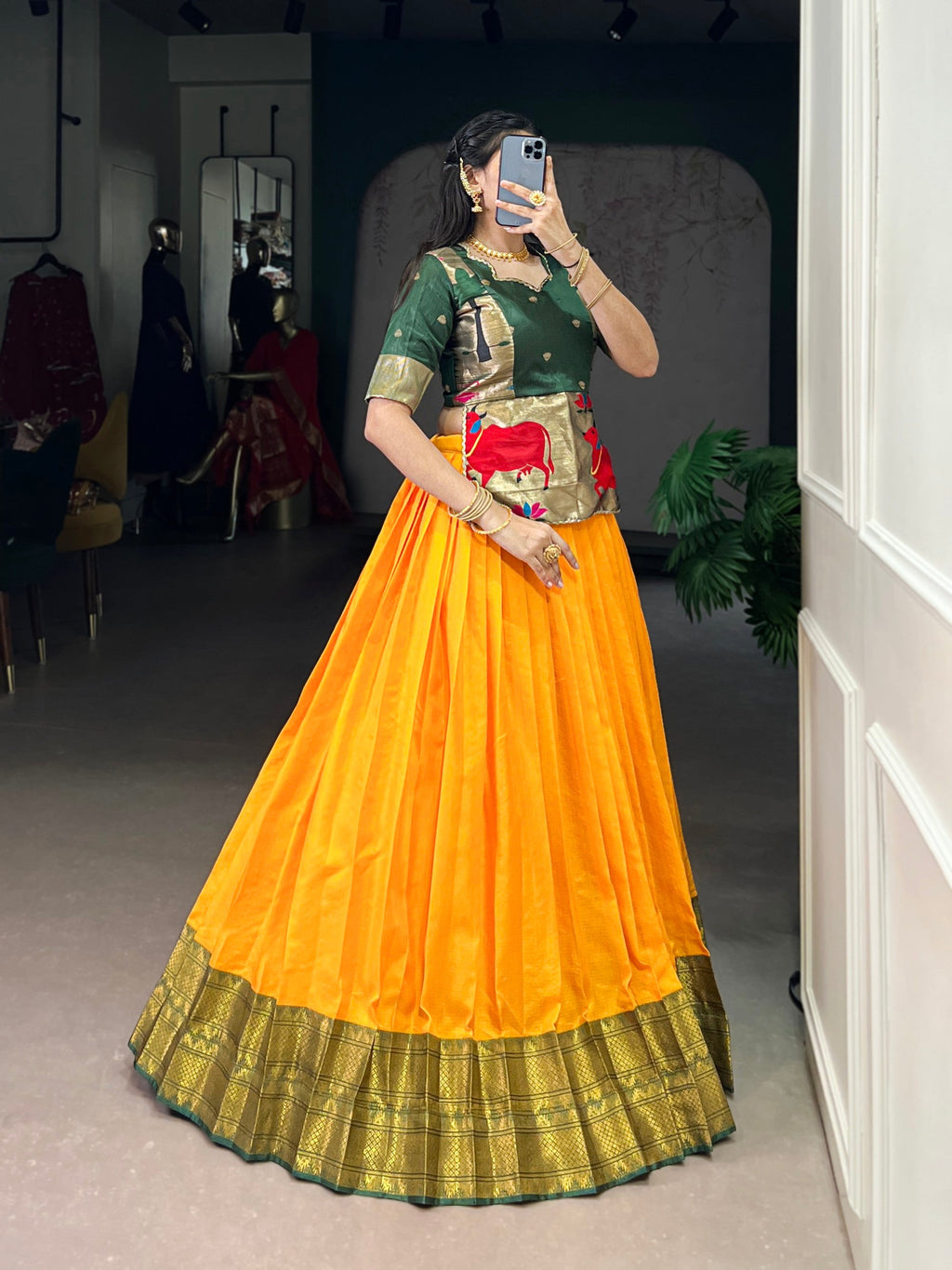 Lorenvalley Fashion Mustard Cotton Silk Zari Weaving Work Lehenga Choli