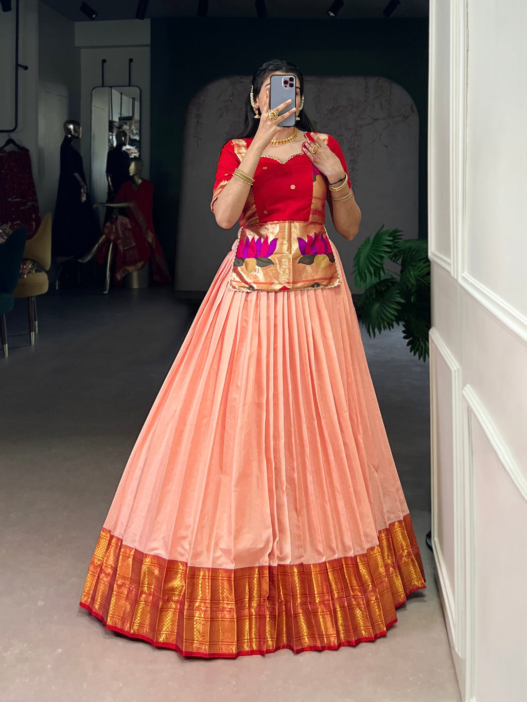 Lorenvalley Fashion Peach Cotton Silk Zari Weaving Work Lehenga Choli