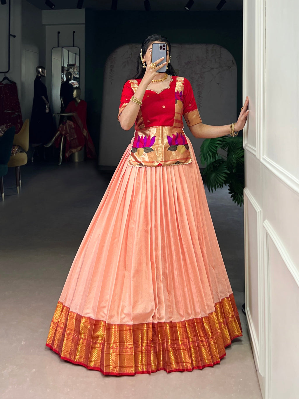 Lorenvalley Fashion Peach Cotton Silk Zari Weaving Work Lehenga Choli