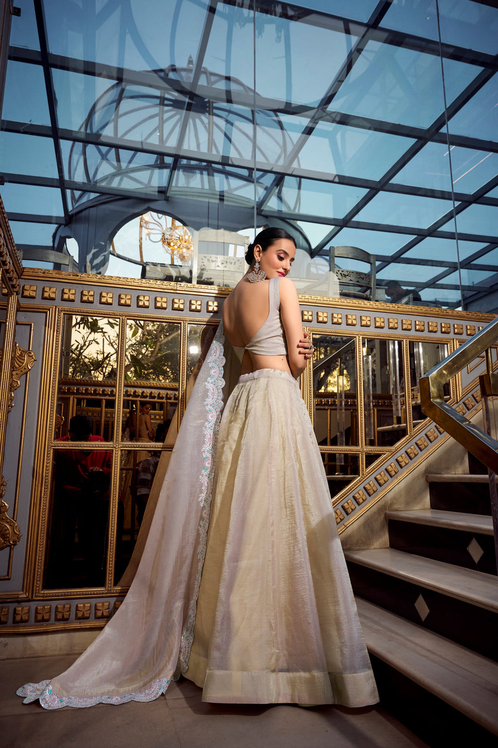 Lorenvalley Cream Gold Crush Fabric Plain Lehenga with Sequins and Thread Embroidery with Jarkan Diamond Work Choli and Dupatta