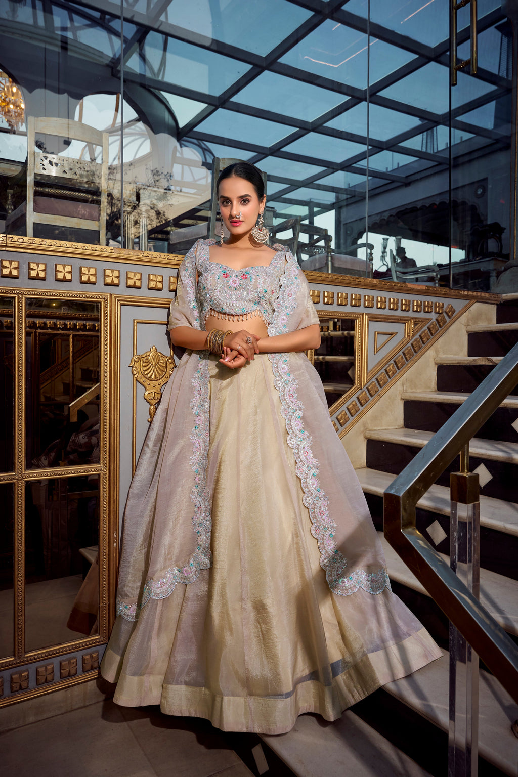 Lorenvalley Cream Gold Crush Fabric Plain Lehenga with Sequins and Thread Embroidery with Jarkan Diamond Work Choli and Dupatta