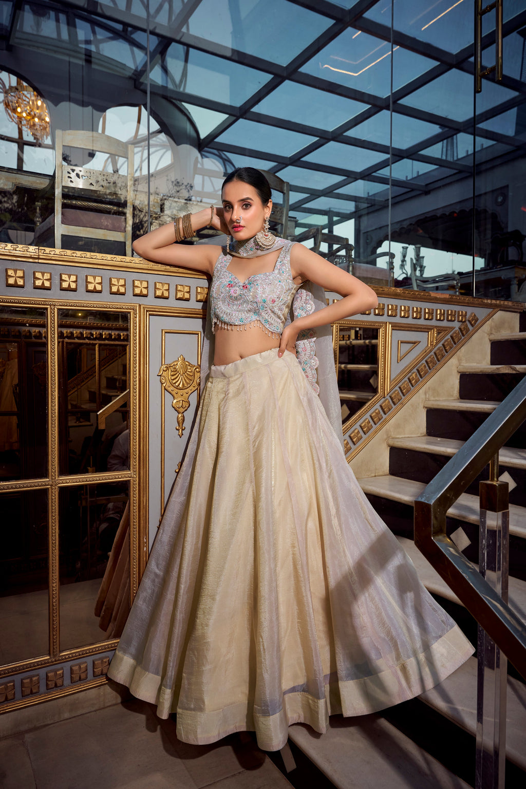 Lorenvalley Cream Gold Crush Fabric Plain Lehenga with Sequins and Thread Embroidery with Jarkan Diamond Work Choli and Dupatta
