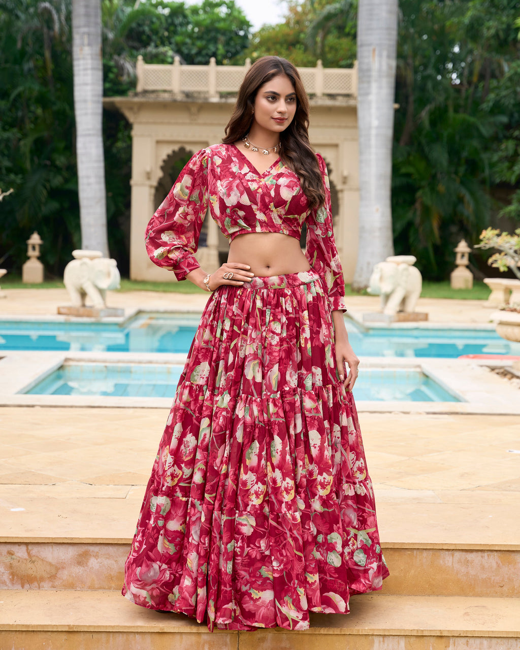 Lorenvalley Maroon Georgette Chex beautiful Floral Print ethnic Co-ord Set