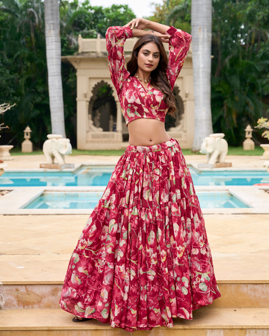 Lorenvalley Maroon Georgette Chex beautiful Floral Print ethnic Co-ord Set