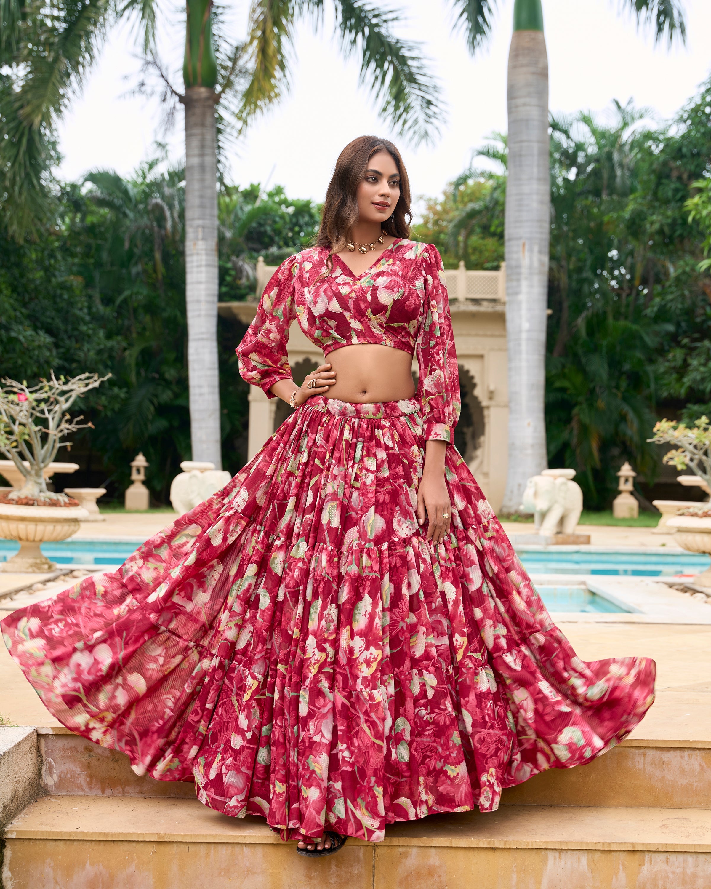 Lorenvalley Maroon Georgette Chex beautiful Floral Print ethnic Co-ord Set