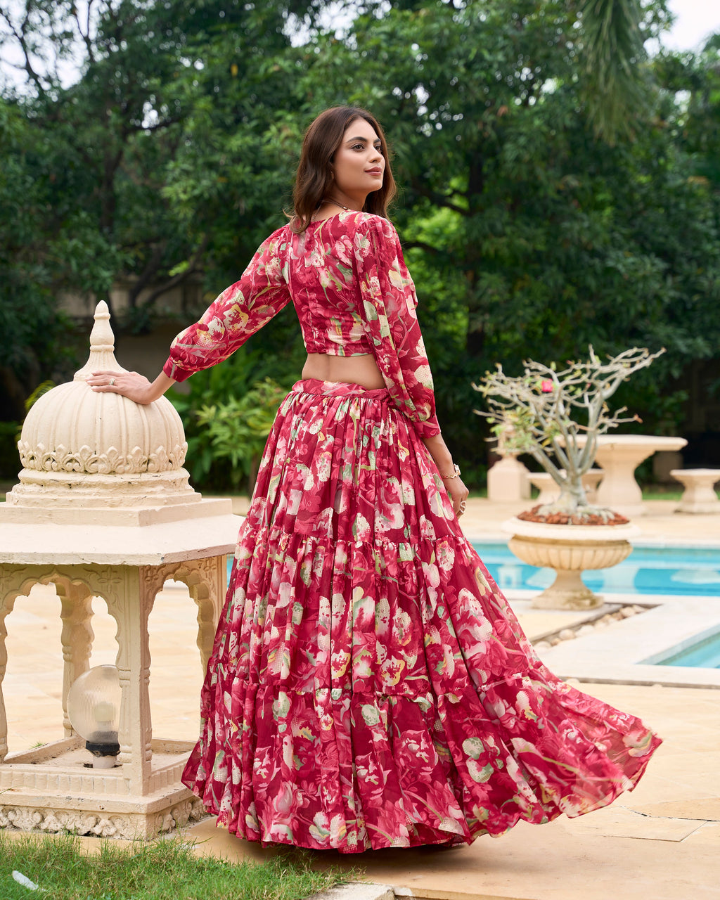 Lorenvalley Maroon Georgette Chex beautiful Floral Print ethnic Co-ord Set