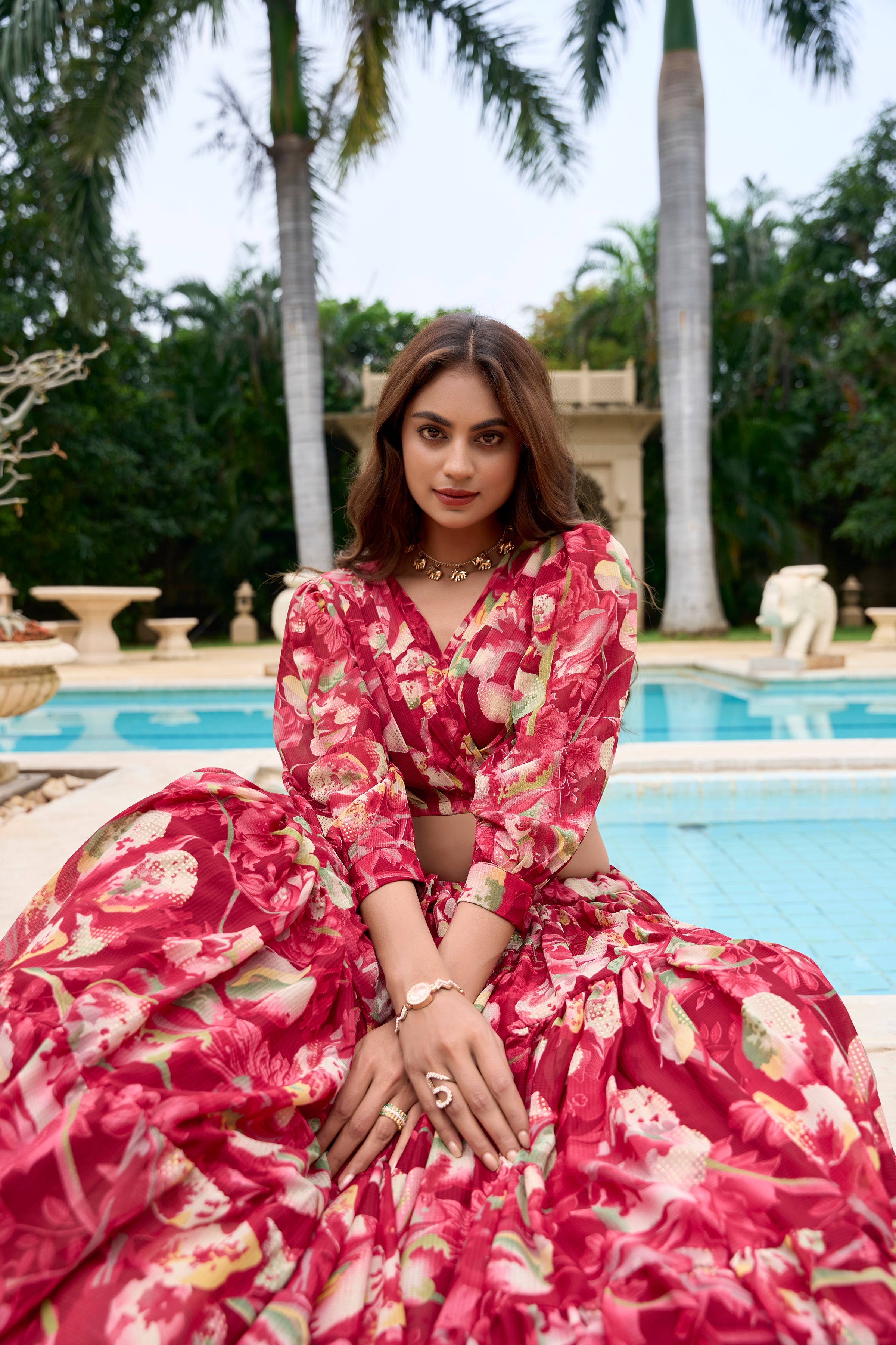 Lorenvalley Maroon Georgette Chex beautiful Floral Print ethnic Co-ord Set