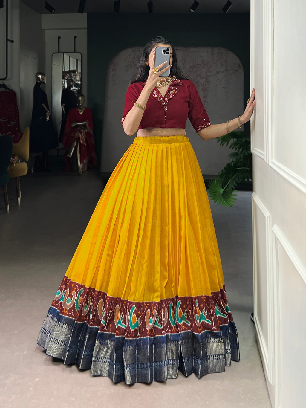 Lorenvalley Fashion Mustard Poly Cotton Printed With Zari Weaving Lehenga Choli