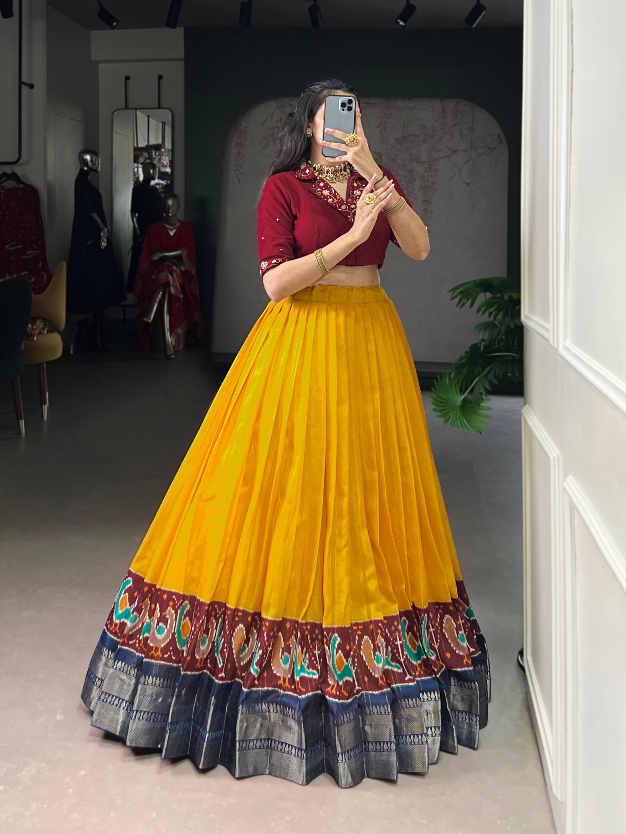 Lorenvalley Fashion Mustard Poly Cotton Printed With Zari Weaving Lehenga Choli