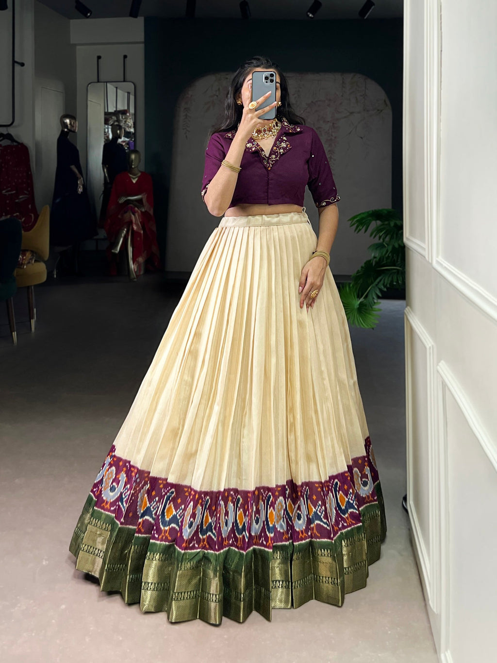 Lorenvalley Fashion Offwhite Poly Cotton Printed With Zari Weaving Lehenga Choli