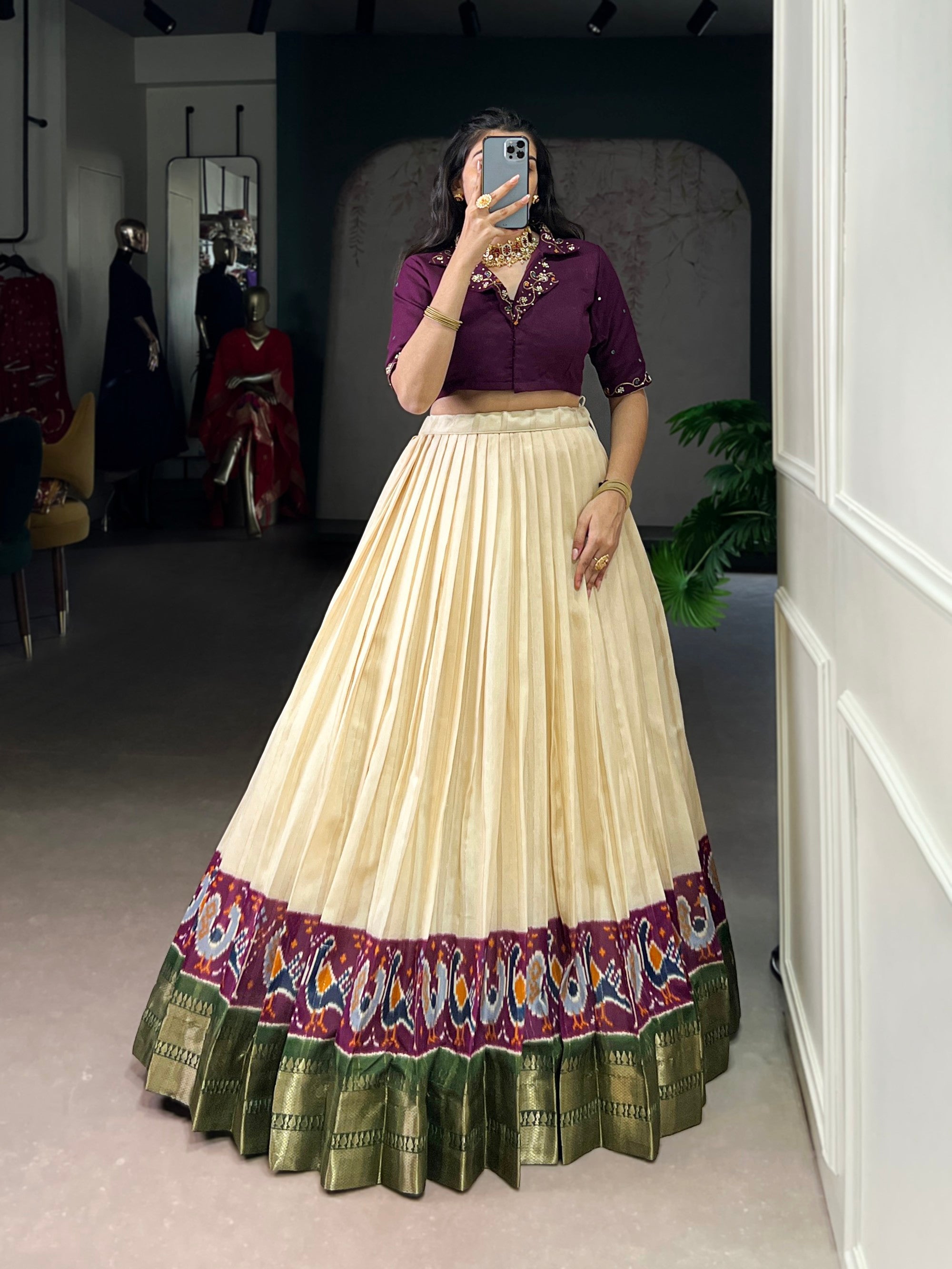 Lorenvalley Fashion Offwhite Poly Cotton Printed With Zari Weaving Lehenga Choli