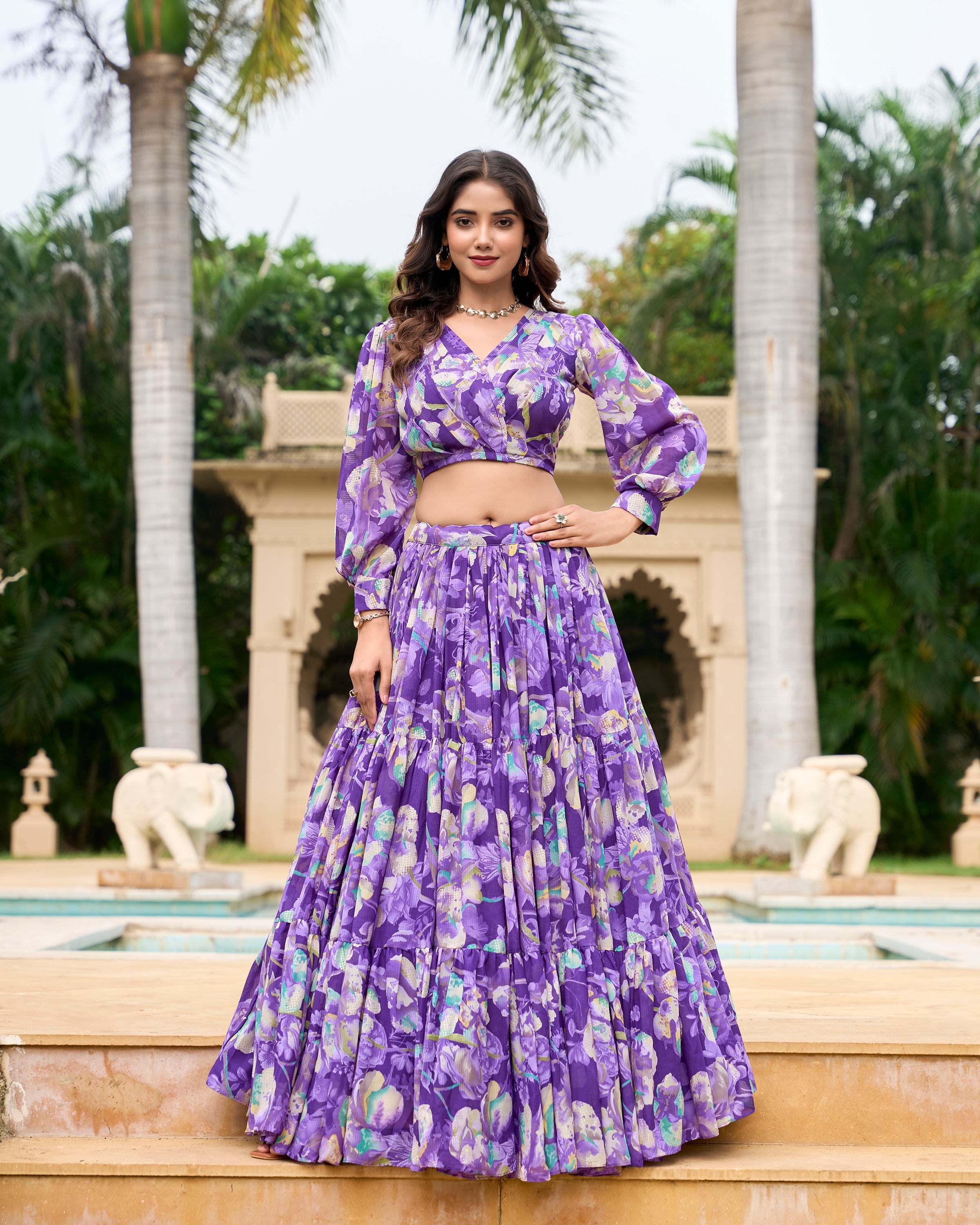 Lorenvalley Purple Georgette Chex beautiful Floral Print ethnic Co-ord Set