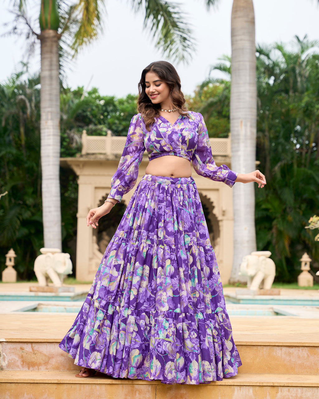 Lorenvalley Purple Georgette Chex beautiful Floral Print ethnic Co-ord Set