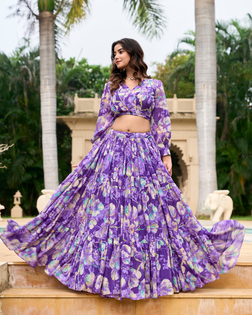 Lorenvalley Purple Georgette Chex beautiful Floral Print ethnic Co-ord Set