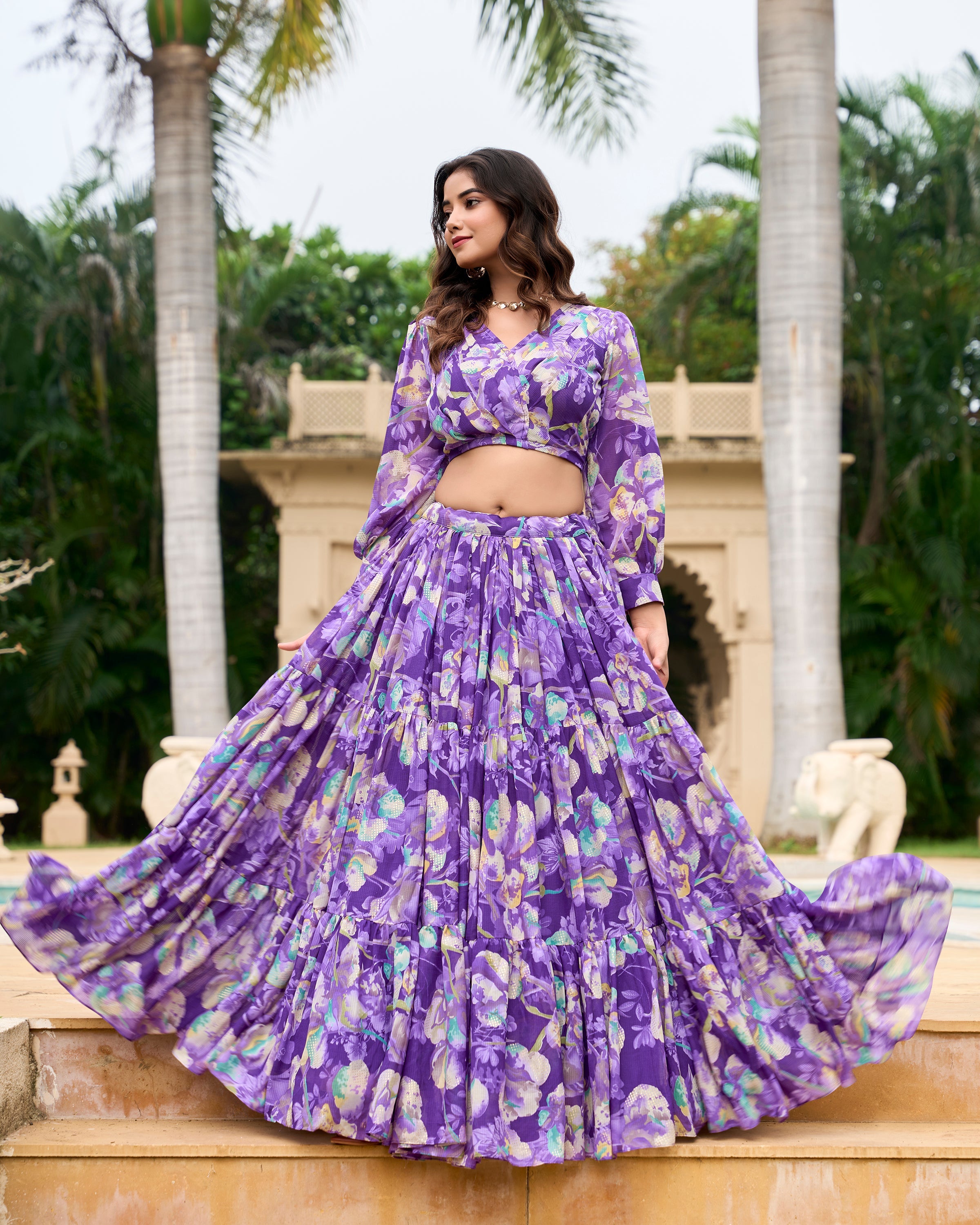 Lorenvalley Purple Georgette Chex beautiful Floral Print ethnic Co-ord Set