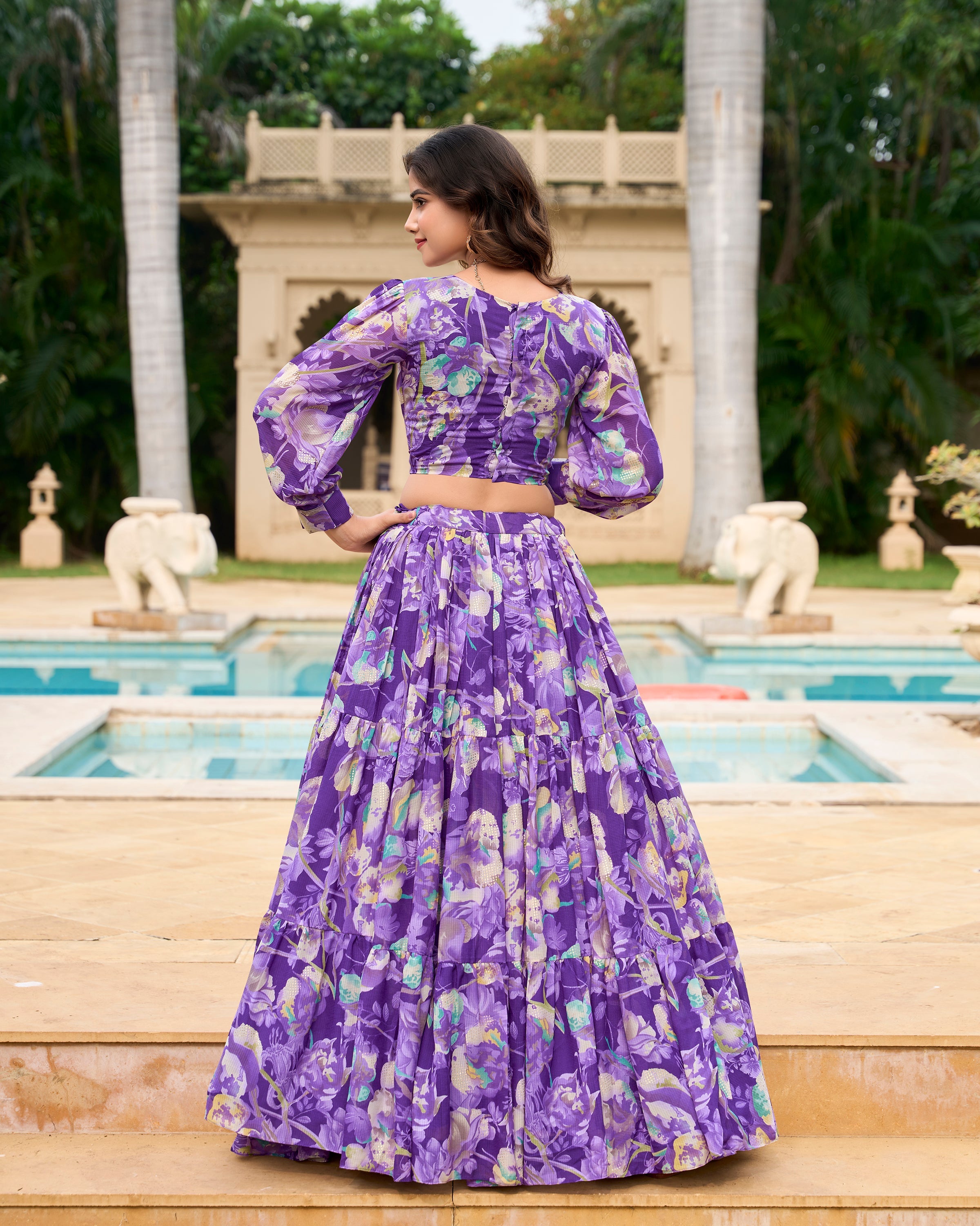 Lorenvalley Purple Georgette Chex beautiful Floral Print ethnic Co-ord Set