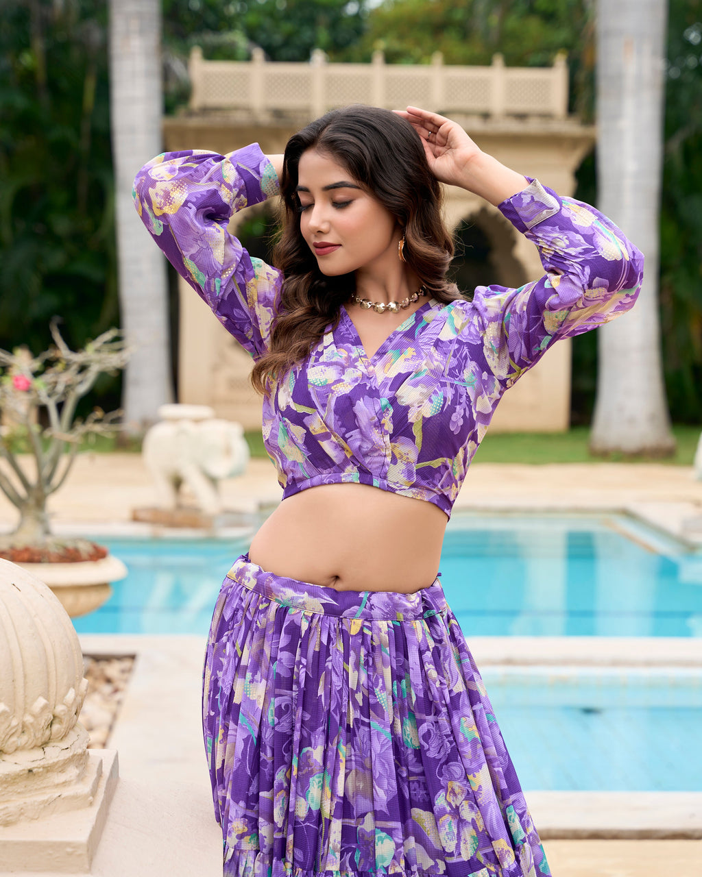 Lorenvalley Purple Georgette Chex beautiful Floral Print ethnic Co-ord Set