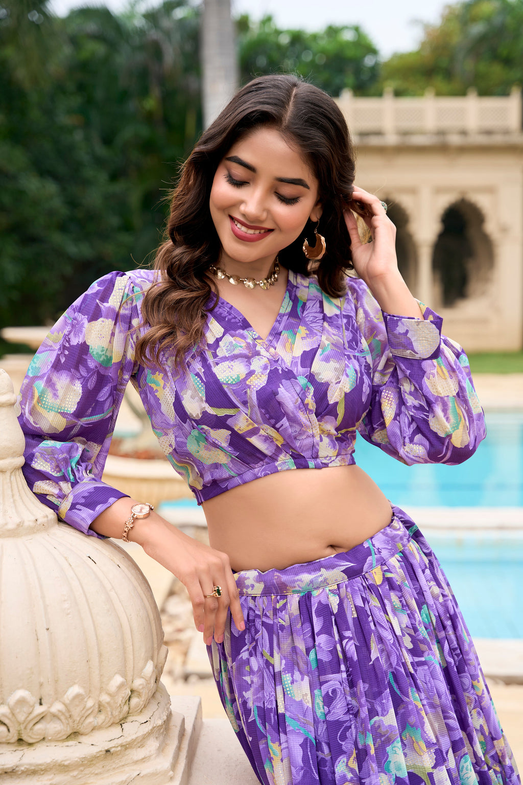 Lorenvalley Purple Georgette Chex beautiful Floral Print ethnic Co-ord Set