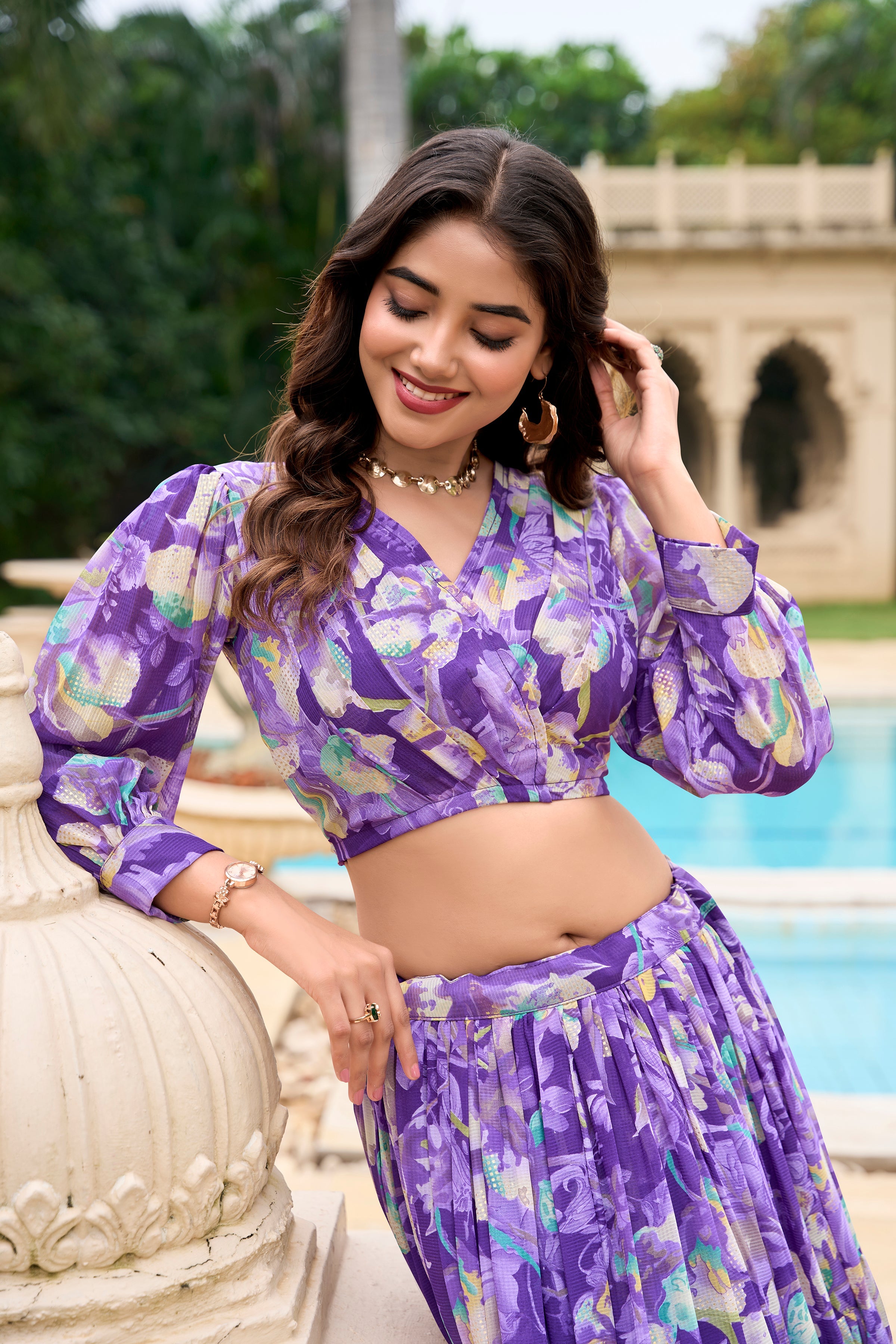 Lorenvalley Purple Georgette Chex beautiful Floral Print ethnic Co-ord Set