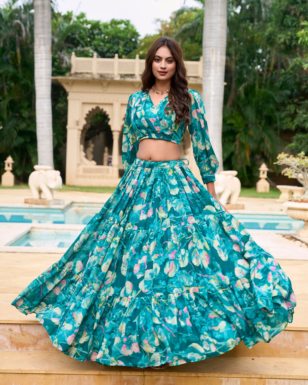 Lorenvalley Teal Georgette Chex beautiful Floral Print ethnic Co-ord Set