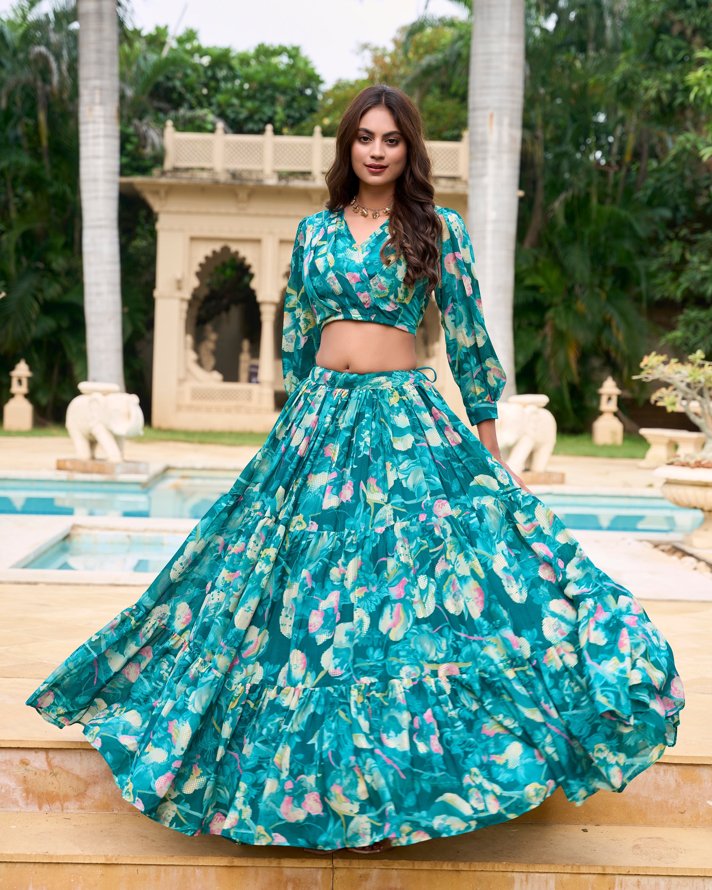 Lorenvalley Teal Georgette Chex beautiful Floral Print ethnic Co-ord Set
