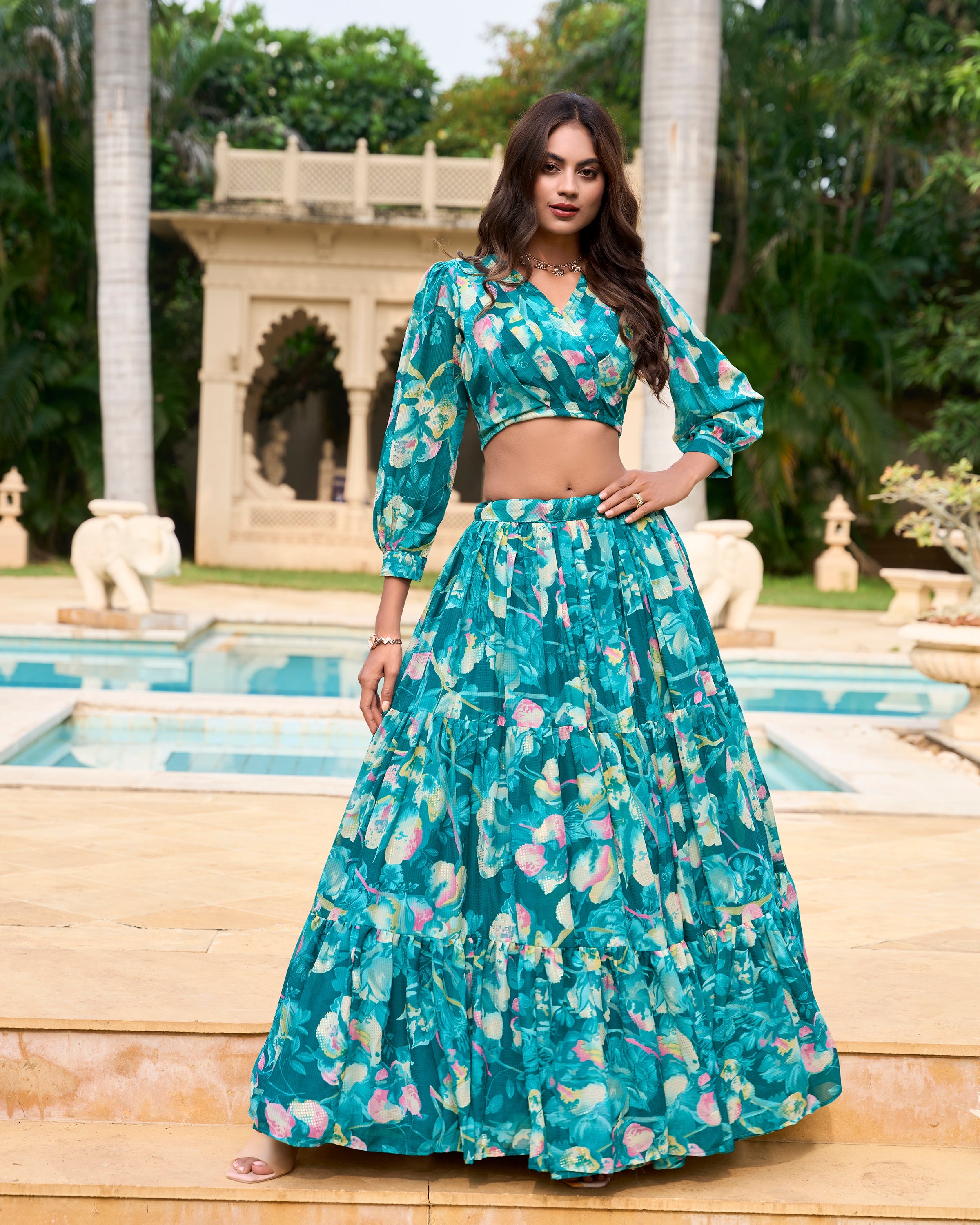 Lorenvalley Teal Georgette Chex beautiful Floral Print ethnic Co-ord Set