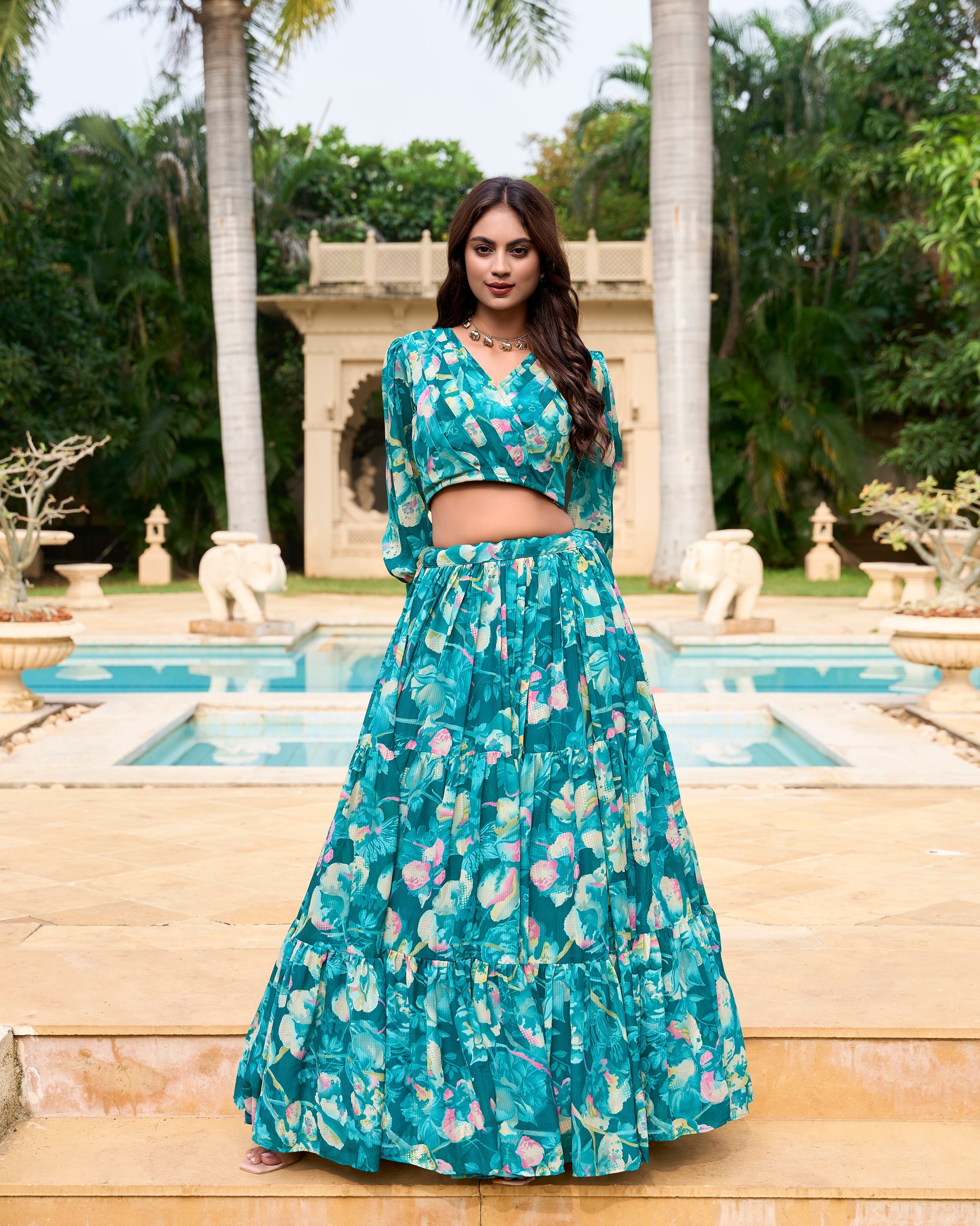 Lorenvalley Teal Georgette Chex beautiful Floral Print ethnic Co-ord Set