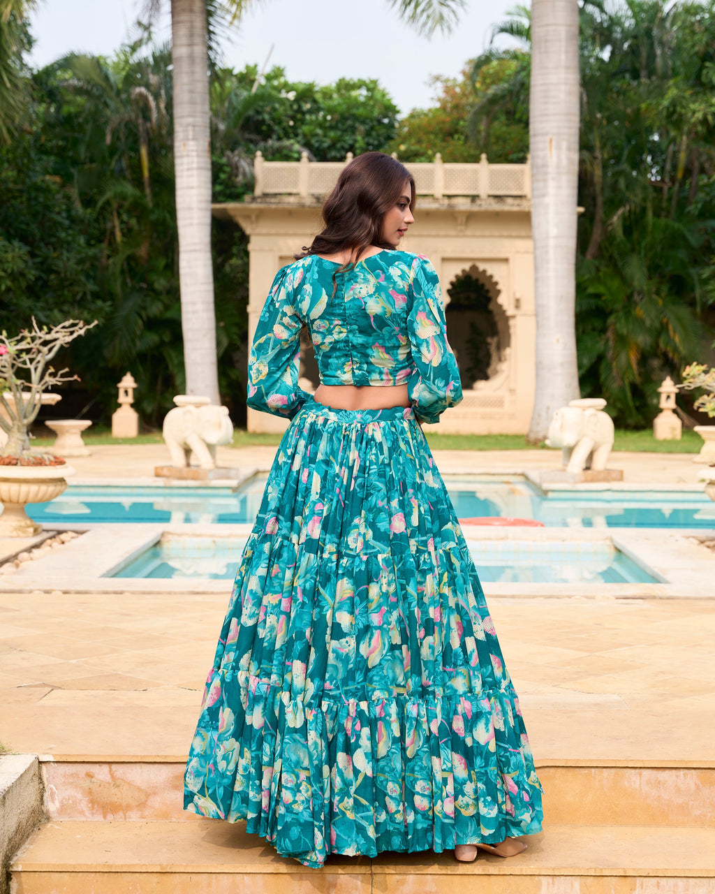 Lorenvalley Teal Georgette Chex beautiful Floral Print ethnic Co-ord Set