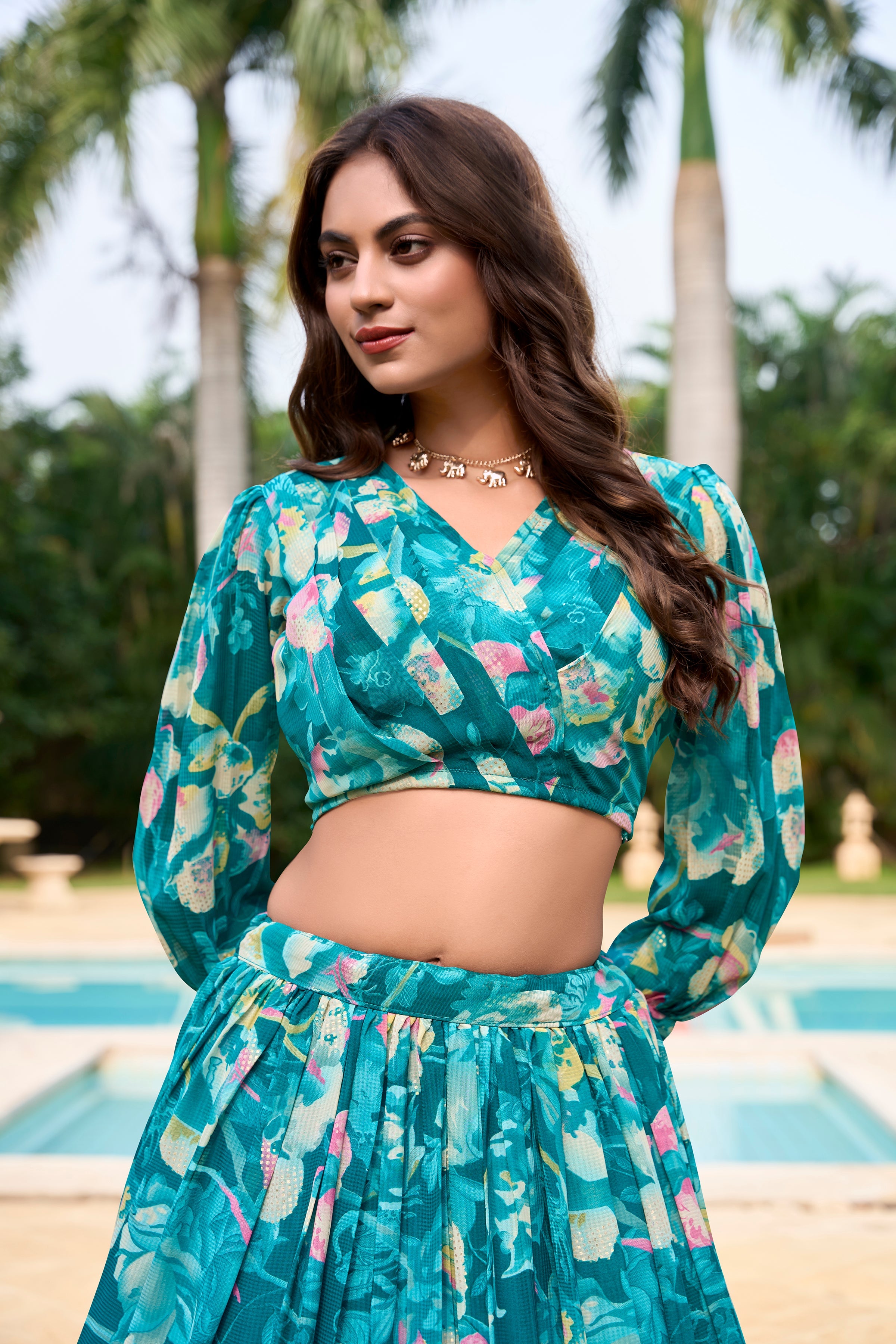 Lorenvalley Teal Georgette Chex beautiful Floral Print ethnic Co-ord Set
