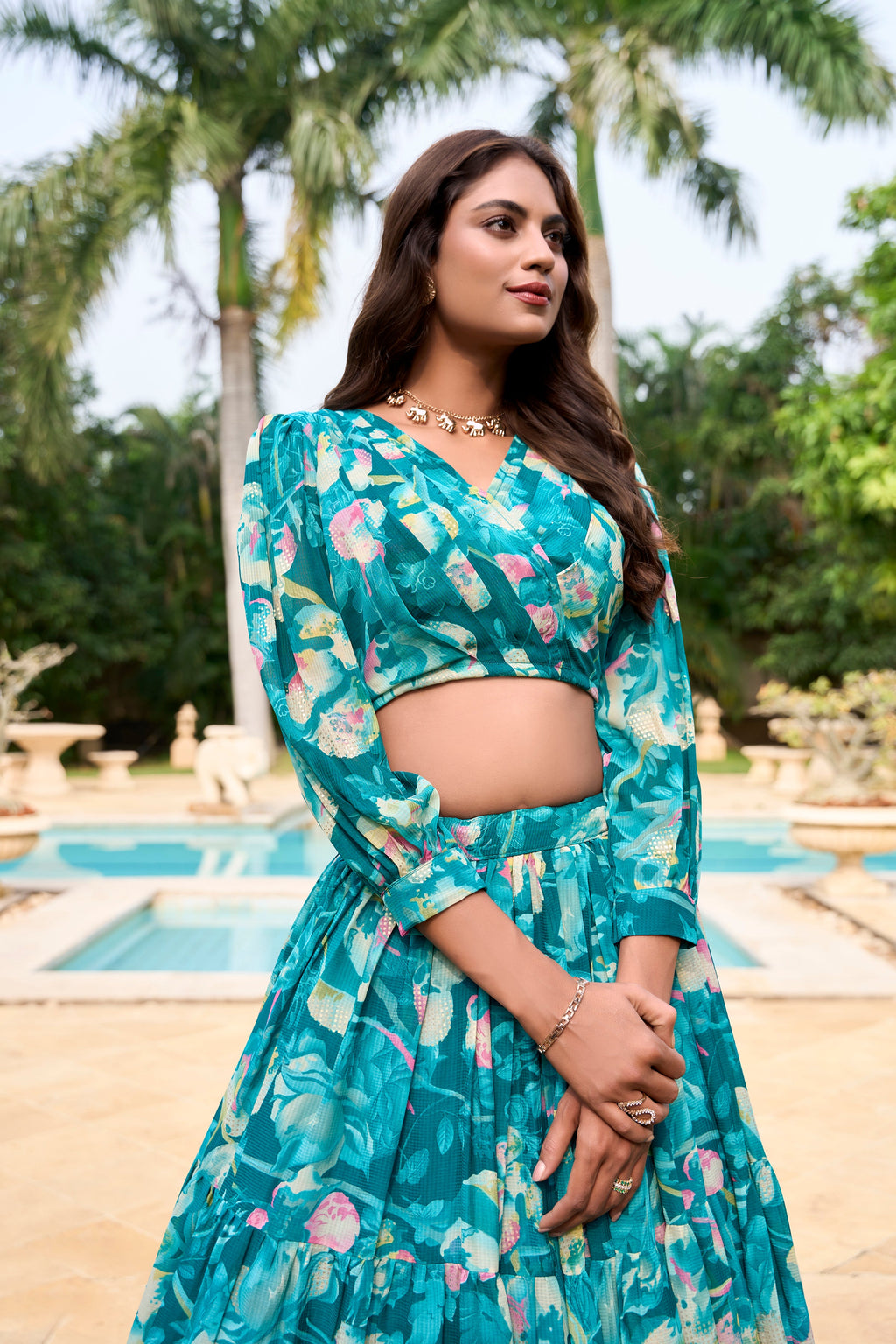 Lorenvalley Teal Georgette Chex beautiful Floral Print ethnic Co-ord Set