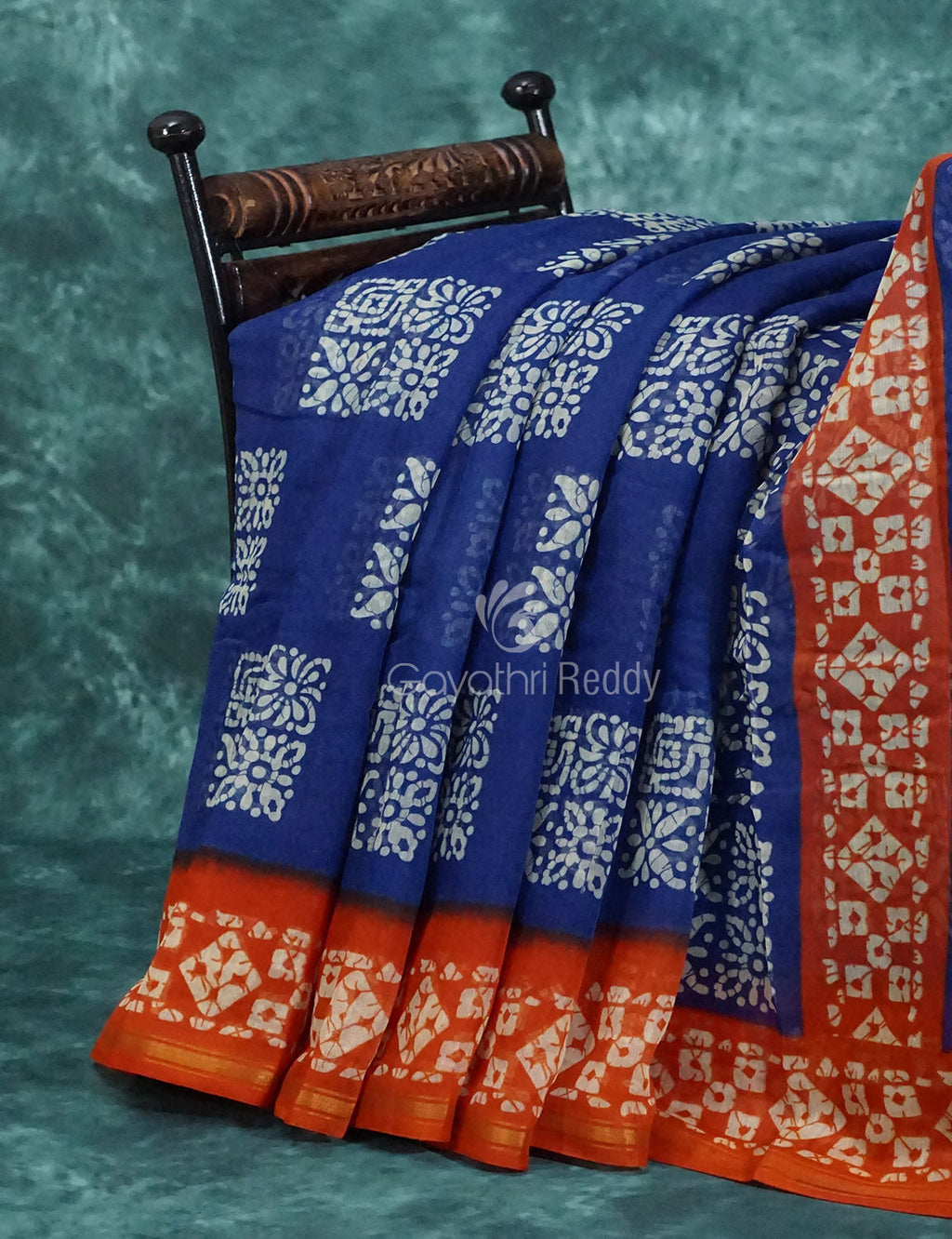 Mix of Blue and Orange Batik Printed Semi Chanderi Saree By Gayathri Reddy Designer Studio