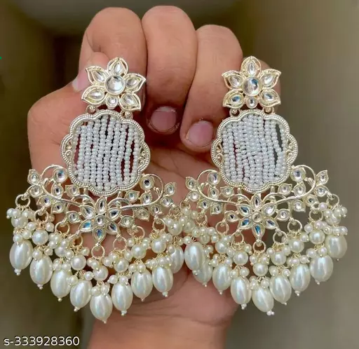 Tehzeeb Creations Gold-Polished Earrings For Women And Girls Diamond, Pearl Brass Drops & Danglers