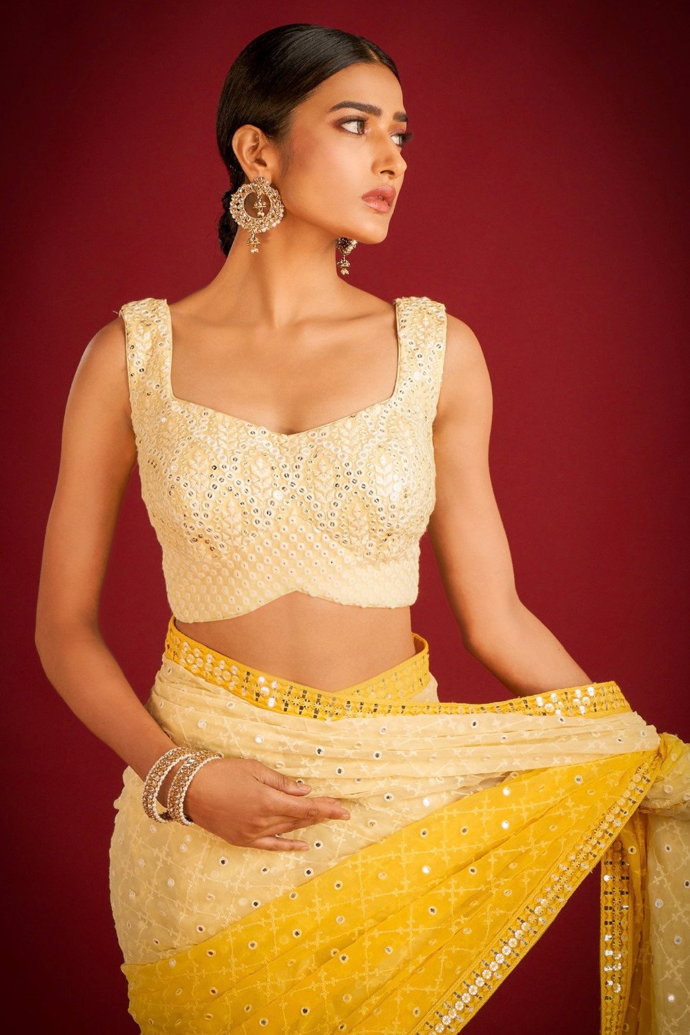 Teeya Creation Lemon Yellow Color Georgette Embroidery Work Saree