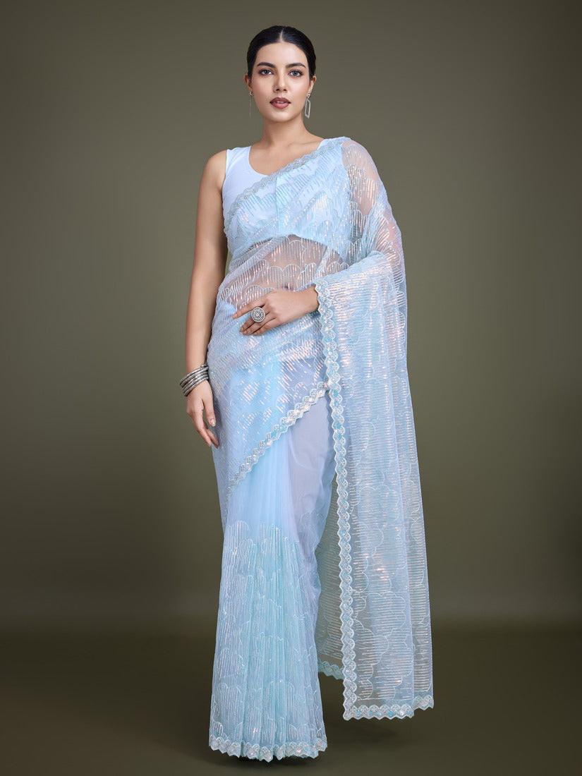 Monjolika Fashion Exclusive Women'S Light Sky Blue Soft Net SareeWith Sequin Work